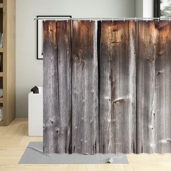 Vintage design Fa ajtó textúra Nyomtatási minta Fürdőszoba képernyők Partíció Otthoni zuhanyfüggöny Poliészter Akasztóval mosható