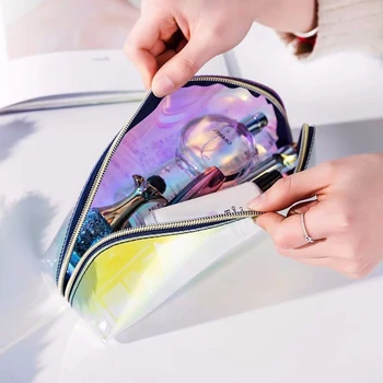 Vízálló átlátszó kozmetikai táska piperecikkek Sminktáska rendszerező Női lányok lézeres színes cipzáras mosás smink tok