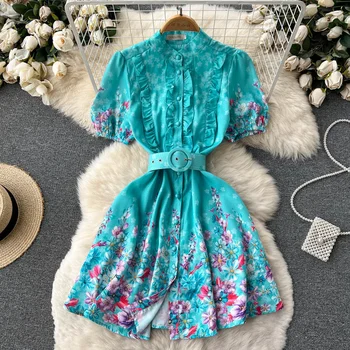 Új kifutópálya Nyári vakáció nők Vintage ruházat fodrok állvány gallér Lámpás ujj Virágmintás öves A-vonalú rövid ruha