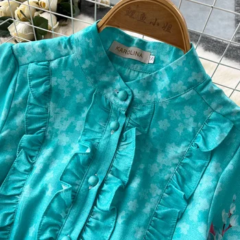 Új kifutópálya Nyári vakáció nők Vintage ruházat fodrok állvány gallér Lámpás ujj Virágmintás öves A-vonalú rövid ruha