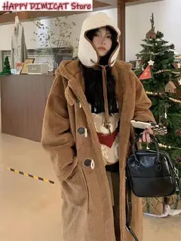 Bárány gyapjú kabát kapucnis pulóverek Női gyapjú koreai változat dzseki tehénszarv gomb laza téli meleg női közepes hosszúságú vastag kabát