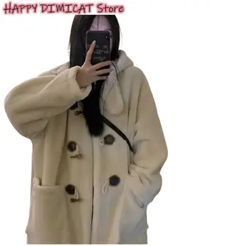 Bárány gyapjú kabát kapucnis pulóverek Női gyapjú koreai változat dzseki tehénszarv gomb laza téli meleg női közepes hosszúságú vastag kabát
