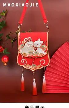 Újévi nyuszi nyúl bojt kínai hanfu luxus bársony női egyedi mobiltelefon piros hímzés hanfu táska Messenger táska