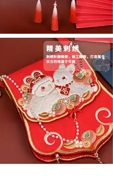 Újévi nyuszi nyúl bojt kínai hanfu luxus bársony női egyedi mobiltelefon piros hímzés hanfu táska Messenger táska