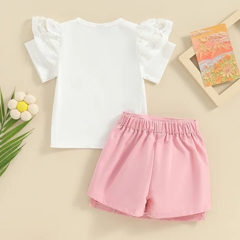 Lányok nyári 2 részes ruhák fehér rövid ujjú csipke fodros felsők rózsaszín culottes szett