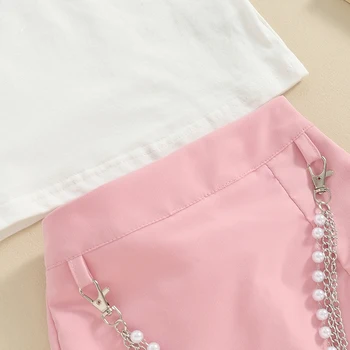 Lányok nyári 2 részes ruhák fehér rövid ujjú csipke fodros felsők rózsaszín culottes szett