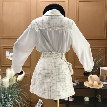 2020 ősz Új kétrészes szett Női Tweed Patchwork lámpás ujjú sifon ing és gyapjú A-vonalú szoknyaruhák ingyenes táskával