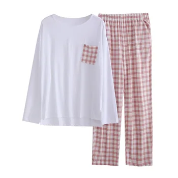 Pamut minimalista női pizsama kerek nyakú zseb hosszú ujjú felső kockás nadrág kétrészes szett alkalmi ingyenes szállítási promóció