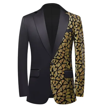 Férfi patchwork arany háromszög flitteres blézer kabát rovátkolt hajtóka egygombos fényes esküvői parti öltöny dzsekik Tuxedo Blazer 3xl