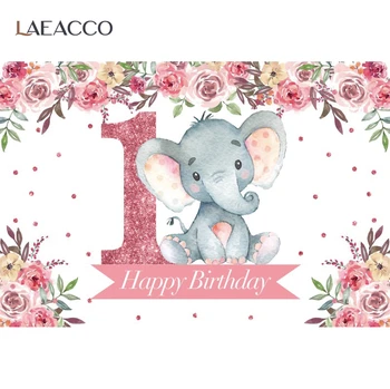 Egyéni rózsaszín akvarell virágok Elefánt baba 1. újszülött boldog születésnapot háttér banner fotózás fotóhívás háttér dekoráció