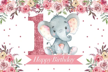 Egyéni rózsaszín akvarell virágok Elefánt baba 1. újszülött boldog születésnapot háttér banner fotózás fotóhívás háttér dekoráció
