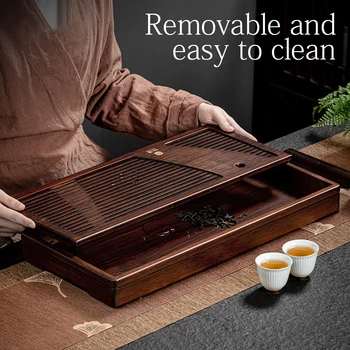 Bambusz teástálca víztorzóval Tömörfa tea vízelvezető tartály Puer teaasztal csészealj fióktálca szertartáshoz Teaware eszköz