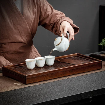 Bambusz teástálca víztorzóval Tömörfa tea vízelvezető tartály Puer teaasztal csészealj fióktálca szertartáshoz Teaware eszköz