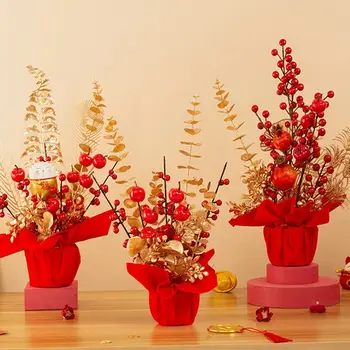Kínai újévi esküvői dekoráció mesterséges piros bogyós ág dekoratív hamis növények otthoni dekorációhoz