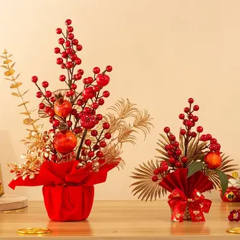 Kínai újévi esküvői dekoráció mesterséges piros bogyós ág dekoratív hamis növények otthoni dekorációhoz