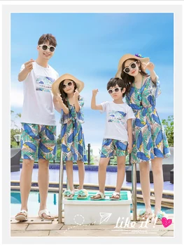 Családi hozzáillő ruhák Summer Island Beach Wear ruhák Férfi Gyerekek Pamut rövid ujjú póló Póló nadrág Női Lány ruha SA1385