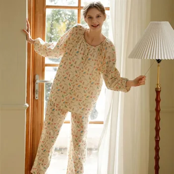 Ok-okozati puha viszkóz női hosszú ujjú pizsama szettek Bokáig érő nadrág Állatok nyomtatása Nyári divat hálóruha