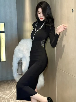 Divat Ősz Téli ingázás Fekete hosszú ruha Női Női Ruházat Elegáns formális Hosszú ujjú Vékony Midi Mujer köntös Vestidos