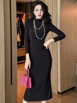 Divat Ősz Téli ingázás Fekete hosszú ruha Női Női Ruházat Elegáns formális Hosszú ujjú Vékony Midi Mujer köntös Vestidos
