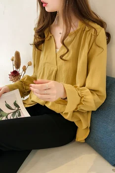 Női ingek Ulzzang Japán Kawaii Ladies Vintage Sweet fodros V-nyakú ing Női koreai Harajuku Aranyos ruhák nőknek