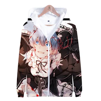 Re:Zero Kara Hajimeru Isekai Seikatsu Női/férfi kapucnis pulóverek Pulóverek Anime Emilia Rem Ram Cosplay cipzáras kapucnis kabát felsőruházat