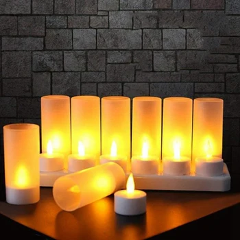 Újratölthető láng nélküli gyertya, 24 db sárga fényű LED villogó tealámpa &24 matt csésze, töltőalappal, UK csatlakozó