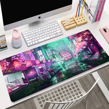 Japán Anime Pixel Game Art Desk Mat Neon City Gaming egérszőnyeg 900x400 Mousepad Extra XXL Nagy Gaming Desk Pad Anime Street