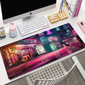 Japán Anime Pixel Game Art Desk Mat Neon City Gaming egérszőnyeg 900x400 Mousepad Extra XXL Nagy Gaming Desk Pad Anime Street