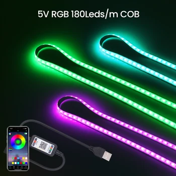 5MM USB RGB COB LED szalag 5V 180LEDs / M rugalmas tapadó szalagkötél lámpa Smart WIFI Bluetooth APP lineáris világítás TV háttérvilágítás