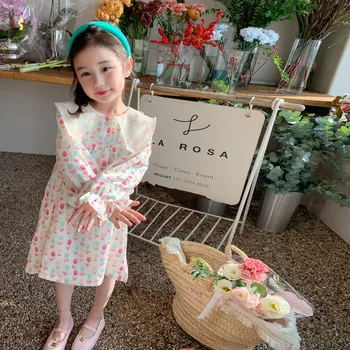 Kislányok ruhája alkalmi kockás ruhák 2023 nyarán Új koreai pamutvászon lányok hercegnő ruha Nagy lehajtható galléros ruha