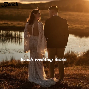 BEACH hosszú denevérszárny ujjak V-nyakú sellő esküvői ruha nőknek Modern hát nélküli földig érő vonat menyasszonyi ruha De Mariee köntös
