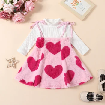 Toddler Baby Girls 2Db őszi ruha Bordázott hosszú ujjú magas nyakú felsők Szív nyomtatás A-Line Slip Fuzzy ruha Téli ruhák
